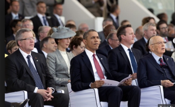 US President Barack Obama flanked by Italian President Giorgio Napolitano and Poland's President Bronislaw Komorowski attends the Ceremony at Sword Beach to commemorate the 70th anniversary of the Allied invasion at Normandy. Gettyimages, click for source